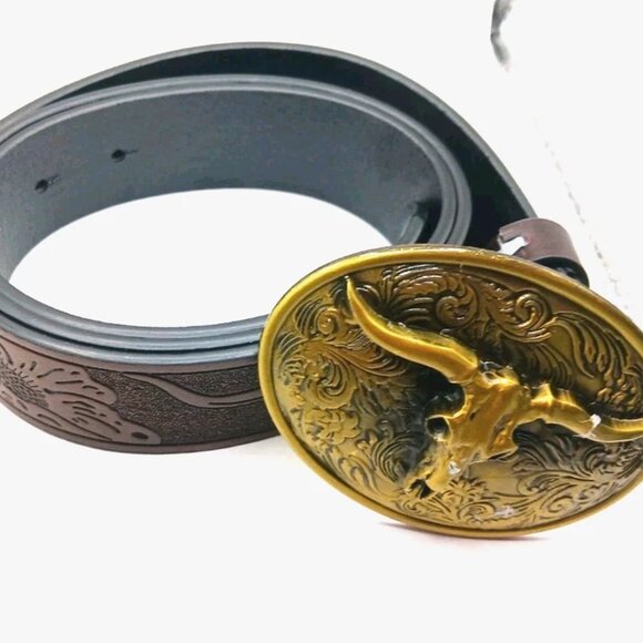 Womens Longhorn Vegan Leather Belt Waist Size 29 To 35 Brown New - Picture 1 of 10